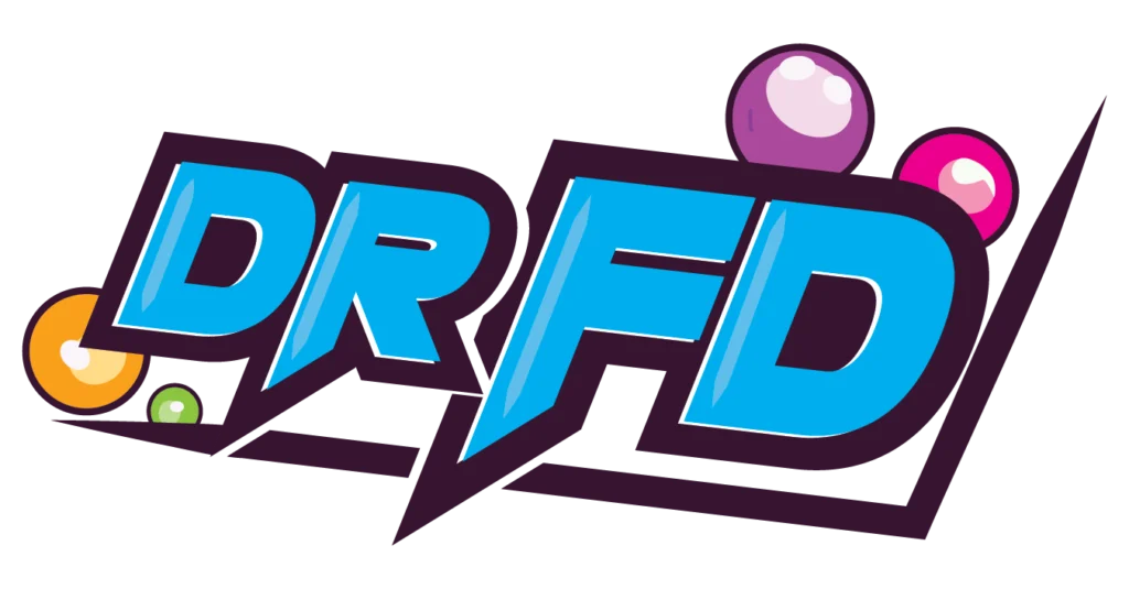 Finalized logo for Dr. Freeze Dried, displaying a playful female mad scientist in a bright white lab coat with pink and orange accents, accompanied by a quirky font with a blue tint.