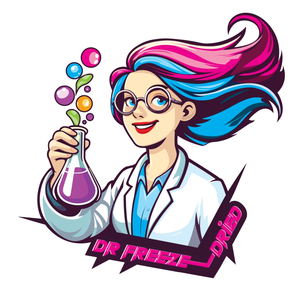 Finalized logo for Dr. Freeze Dried, displaying a playful female mad scientist in a bright white lab coat with pink and orange accents, accompanied by a quirky font with a blue tint.