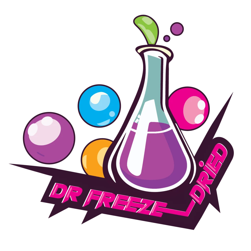 Finalized logo for Dr. Freeze Dried, displaying a playful female mad scientist in a bright white lab coat with pink and orange accents, accompanied by a quirky font with a blue tint.