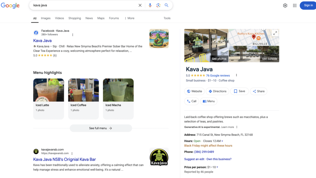 Kava Java's position on a google search due to good SEO practices.